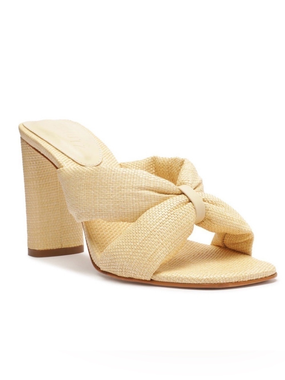 Schutz Fairy High Sandal Woven Knot Heel Slide in Natural Beige